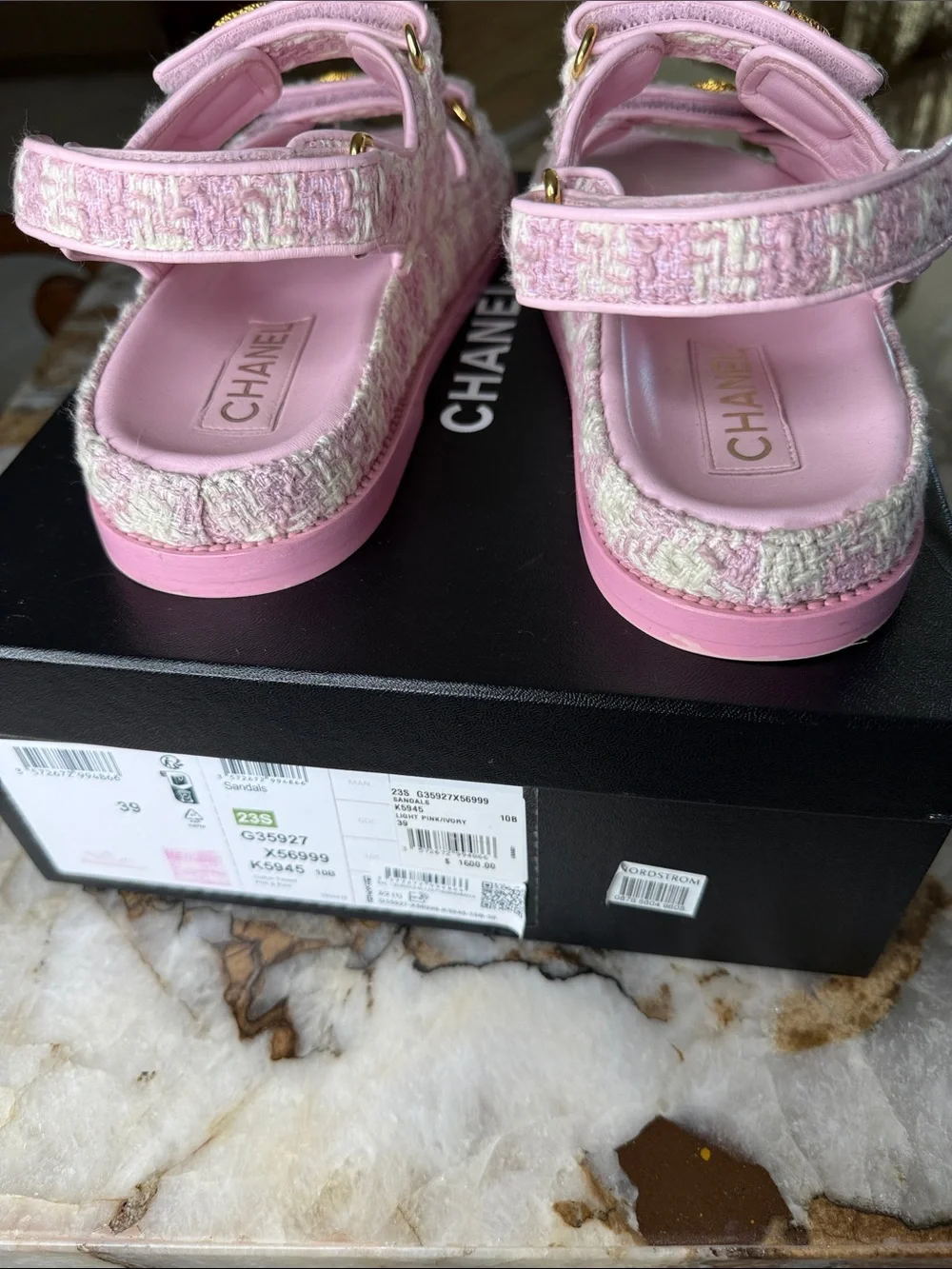 CHANEL Pink Tweed Women’s Sandals with Gold CC Buttons.